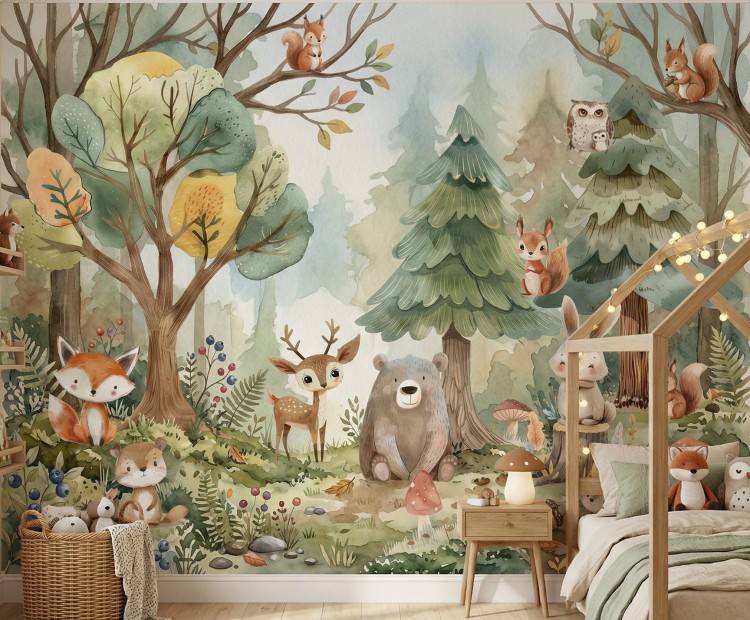 fototapeta leśna dla dzieci ze zwierzętami samoprzylepna s.jpg