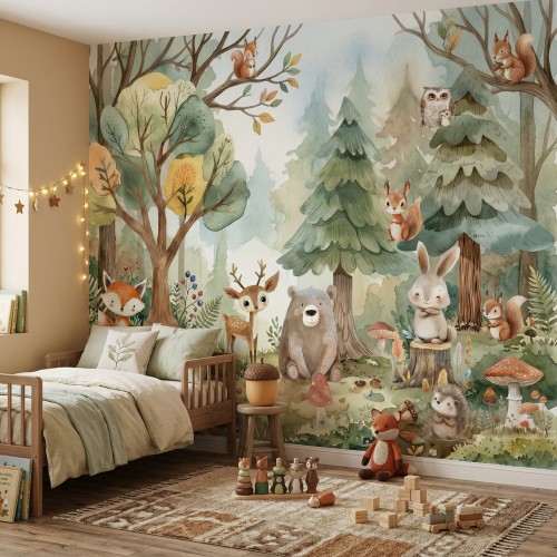 Bajkowa tapeta dla dzieci leśna zwierzęta w lesie.jpg