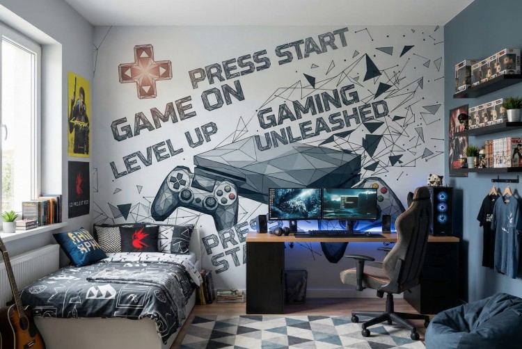 Custom size geometric gaming wall mural for kids' bedroom, featuring a 3D polygon console and controllers. High-quality peel and stick wallpaper with .jpeg