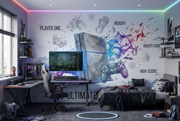 Custom size geometric gaming wall mural for kids' bedroom, featuring a 3D polygon console and controllers. High-quality peel and stick wallpaper with .jpeg