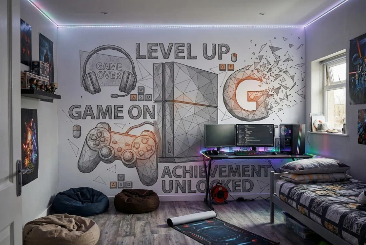 Custom size geometric gaming wall mural for kids' bedroom, featuring a 3D polygon console and controllers. High-quality peel and stick wallpaper with .jpeg