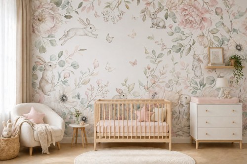 Baby nursery room with floral rabbit wallpaper, wooden crib and soft pastel decor.jpg