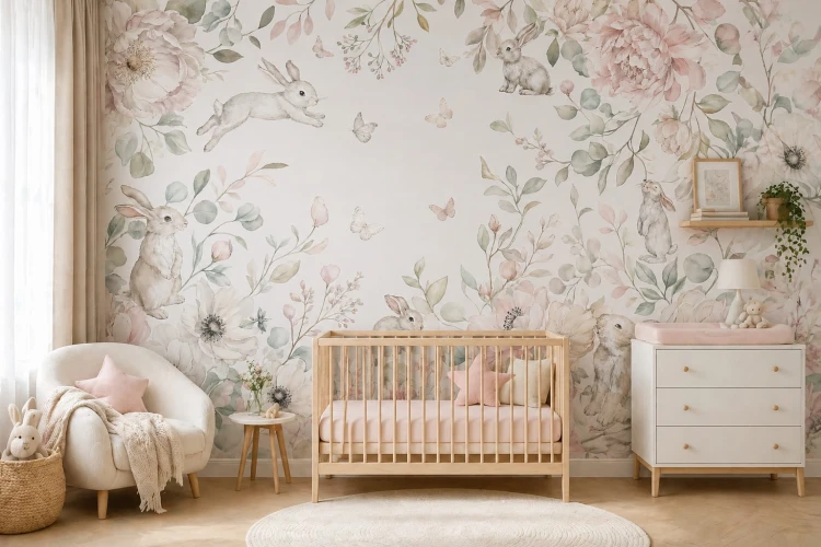 Baby nursery room with floral rabbit wallpaper, wooden crib and soft pastel decor.jpg