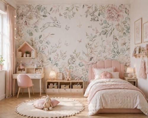 Boho nursery interior with round rug, rabbit wall mural and soft neutral color palette.jpg