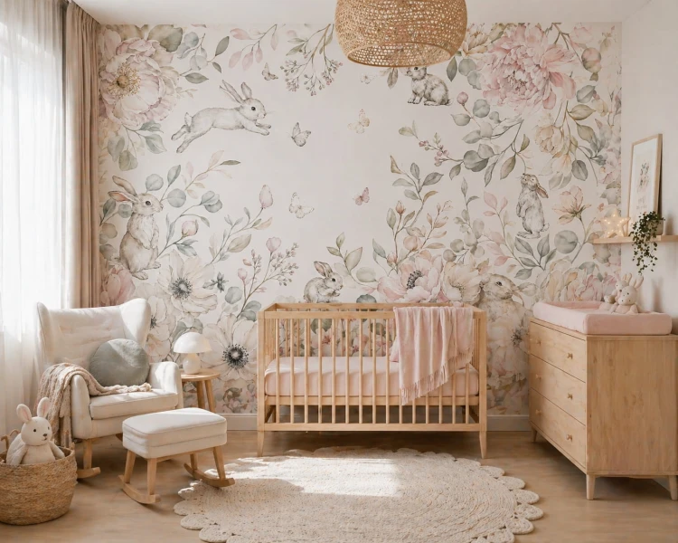 Cozy baby girl nursery with pastel floral wallpaper, rocking chair and natural textures.jpg