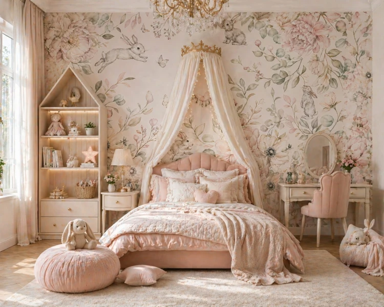 Elegant baby nursery with vintage floral wallpaper, wooden dresser and rattan lamp.jpg