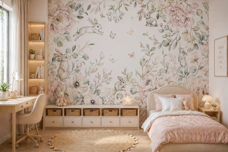 Floral nursery wall mural with rabbits, wooden crib and boho baby room decor.jpg