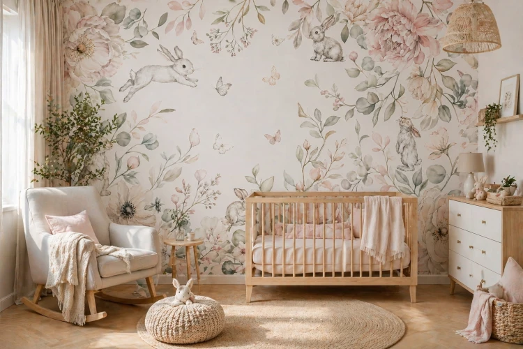 Scandinavian nursery room with wooden crib, floral bunny wallpaper and minimalist decor.jpg