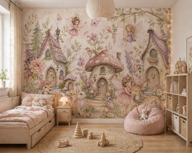Children’s room with whimsical fairy mural, pastel colors, light wood furniture, and warm natural light.png