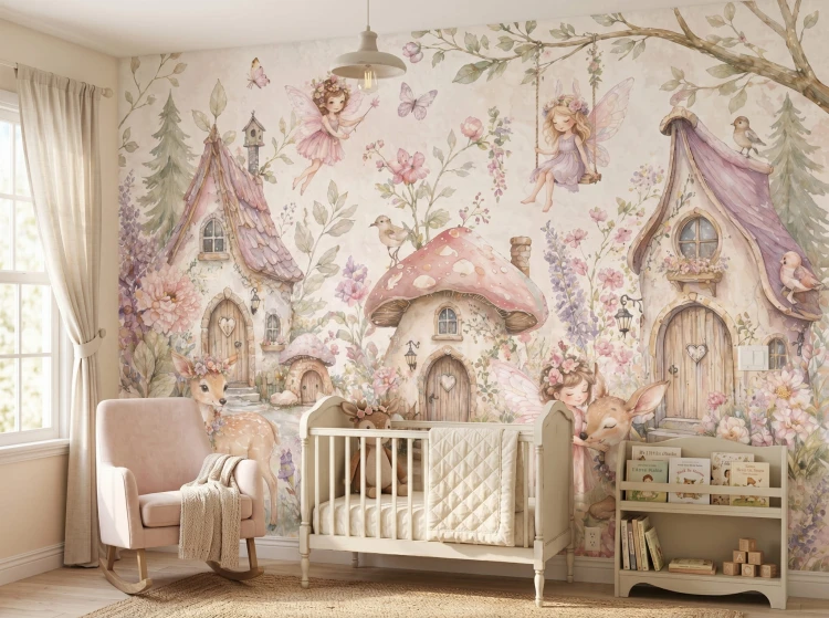 Cozy child bedroom with fairy tale mural, soft pastel palette, and simple wooden furniture.jpeg