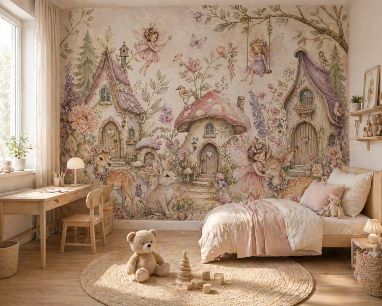 Dreamy nursery interior with fairy village wallpaper, soft tones, and minimalist Scandinavian decor.png