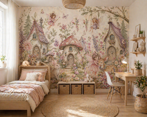 Kids bedroom with pastel wall mural featuring fairies, flowers, and woodland animals in a cozy setting.png