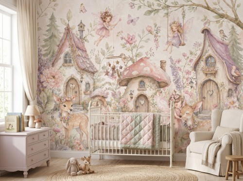 Nursery room with enchanted forest wallpaper, gentle colors, and bright natural lighting.jpeg
