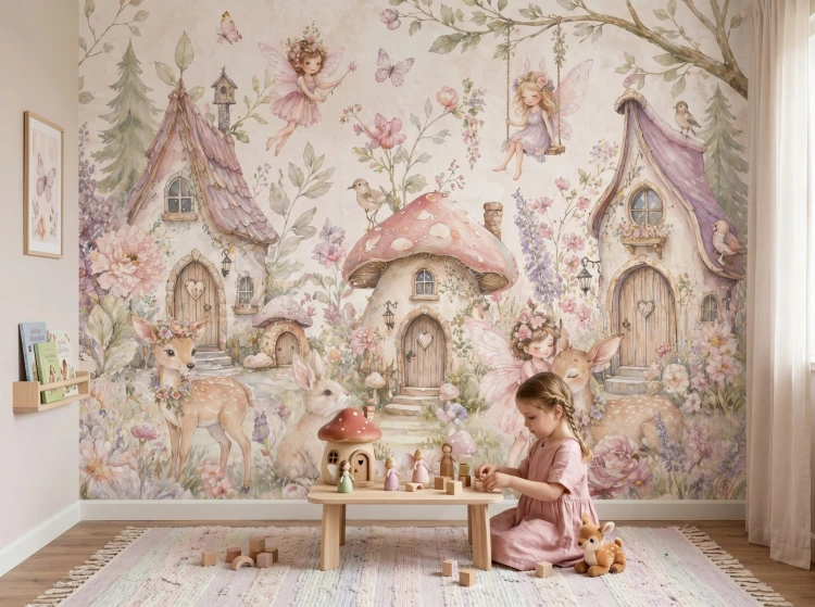 Pastel kids room interior with magical village mural, soft decor, and warm cozy atmosphere.jpeg
