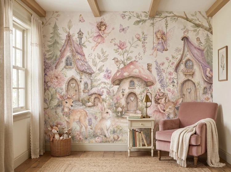 Scandinavian style children’s room with fantasy wallpaper, neutral tones, and natural textures.jpeg